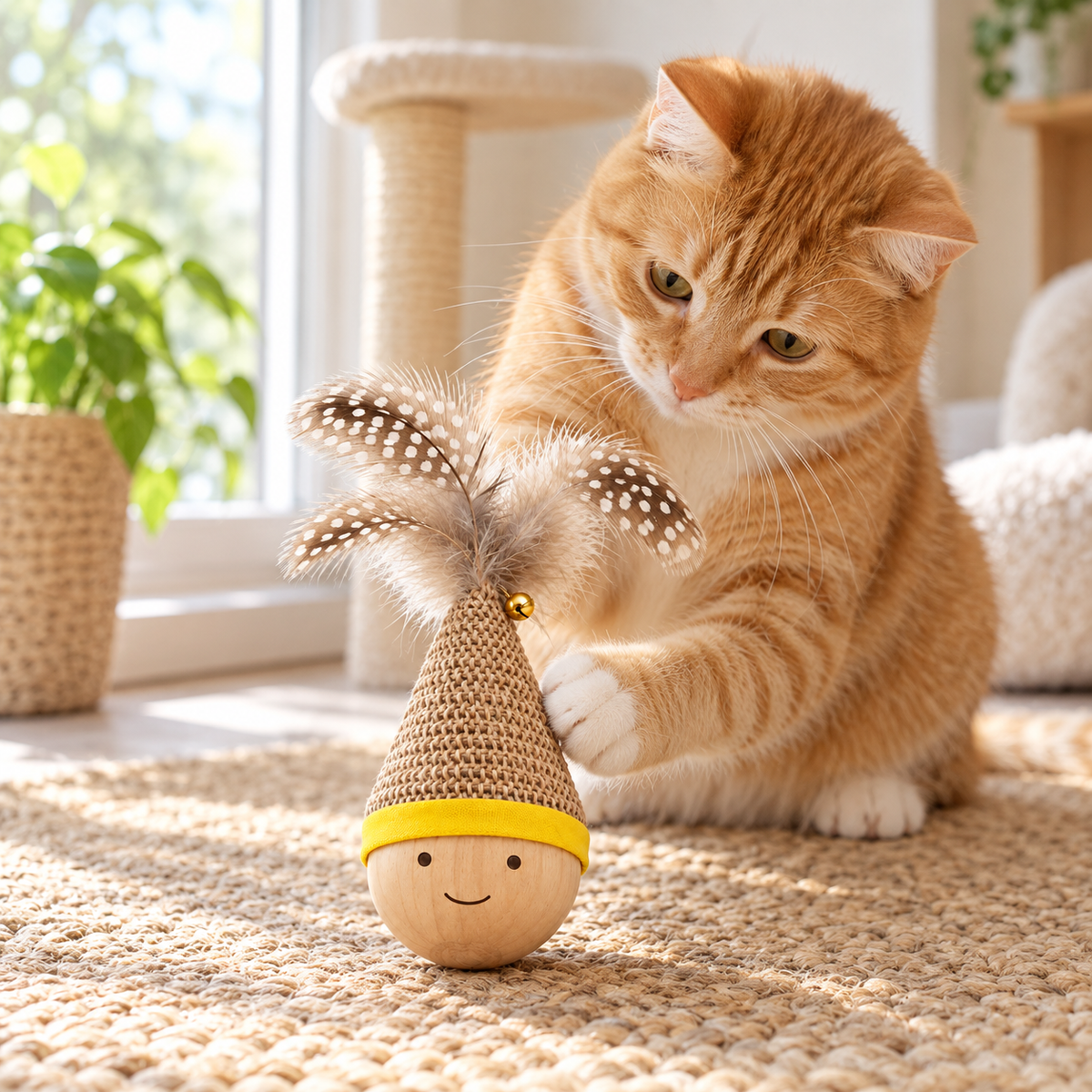 Wooden Roly-Poly Feather Cat Toy