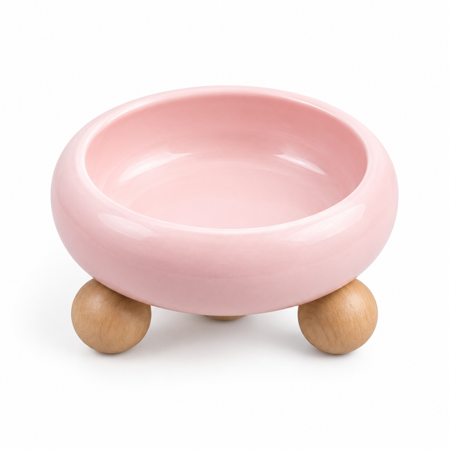 Raised Ceramic Pet Bowl with Wood Stand