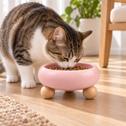 Raised Ceramic Pet Bowl with Wood Stand