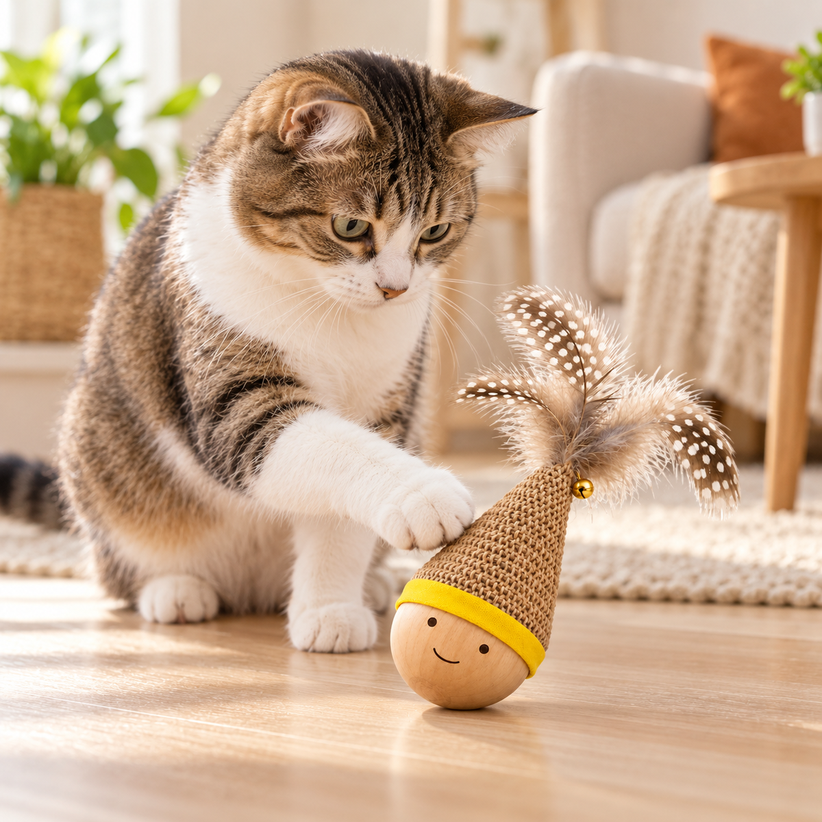 Wooden Roly-Poly Feather Cat Toy