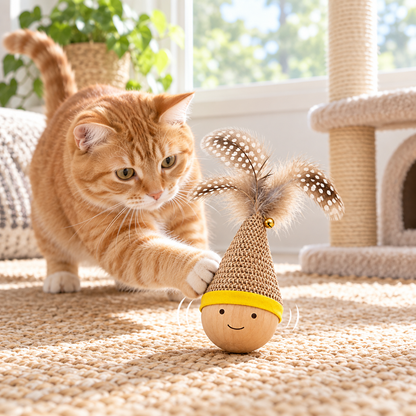 Wooden Roly-Poly Feather Cat Toy